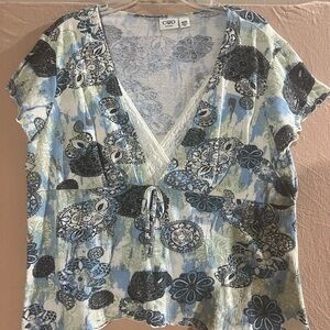 Cato Blue and Black Floral Women's Blouse with lace accents and a bow
